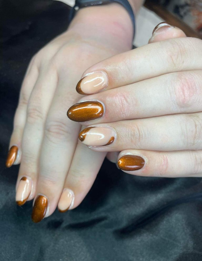 Elegant long BIAB nails with a metallic bronze finish, crafted by nail specialists at Sirens Hair and Beauty, Durham.