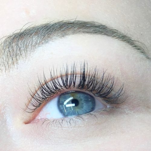 Close-up of perfect, natural classic lash extensions created at Sirens Beauty Salon in Durham.